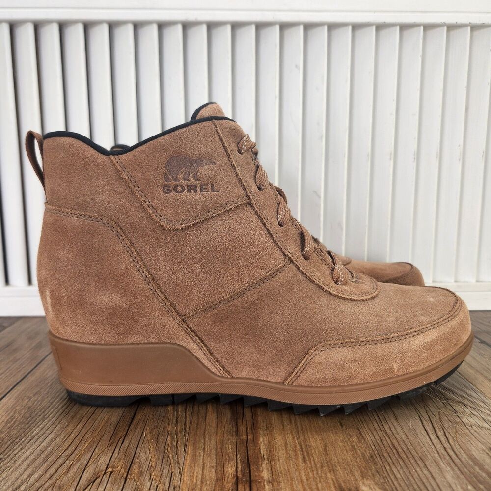 Sorel Evie Sport Lace Up Boots Womens Sz 10 Brown Suede Hidden Wedge Heel Bootie